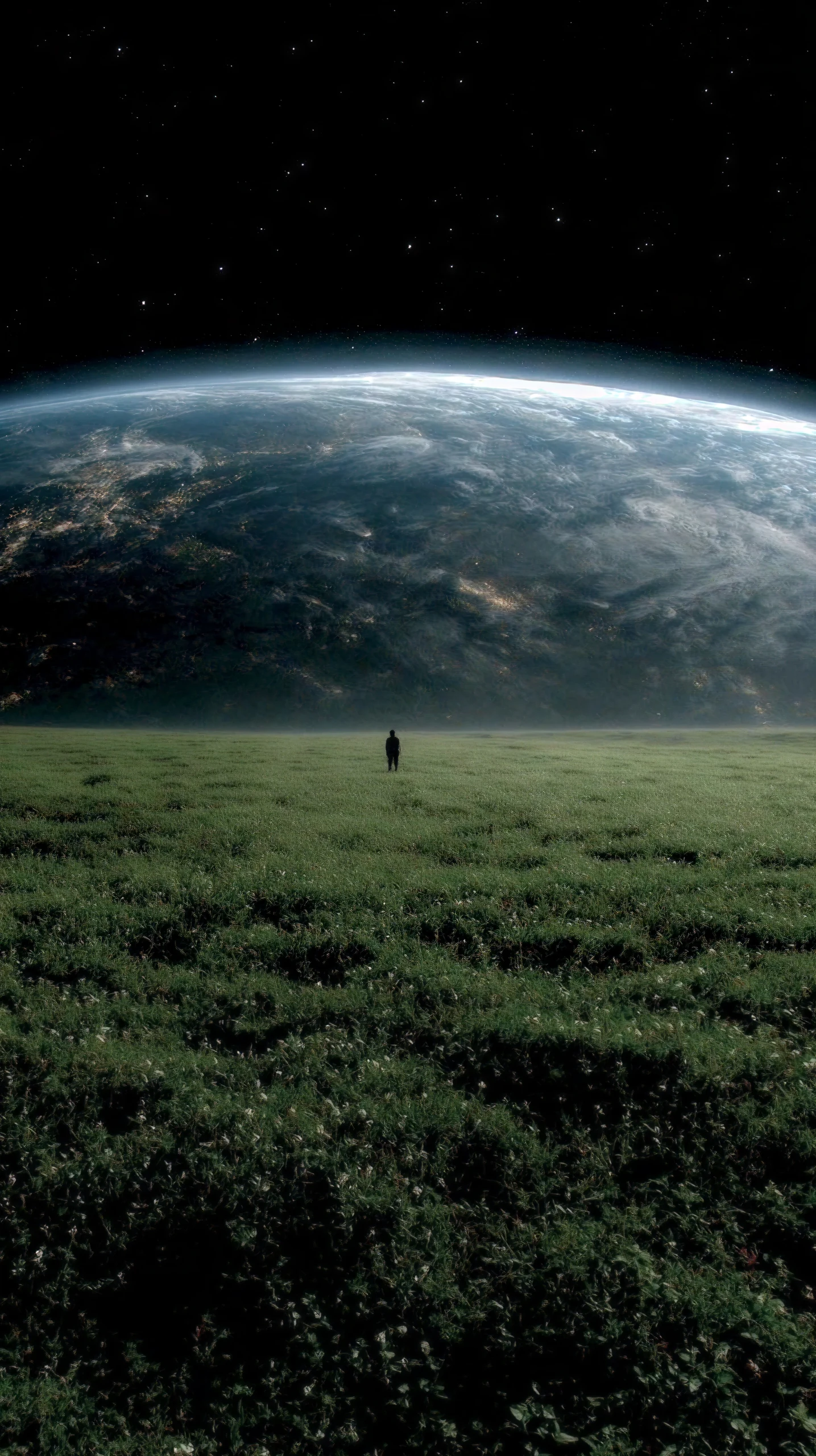 A solitary figure standing beneath the horizon of Earth